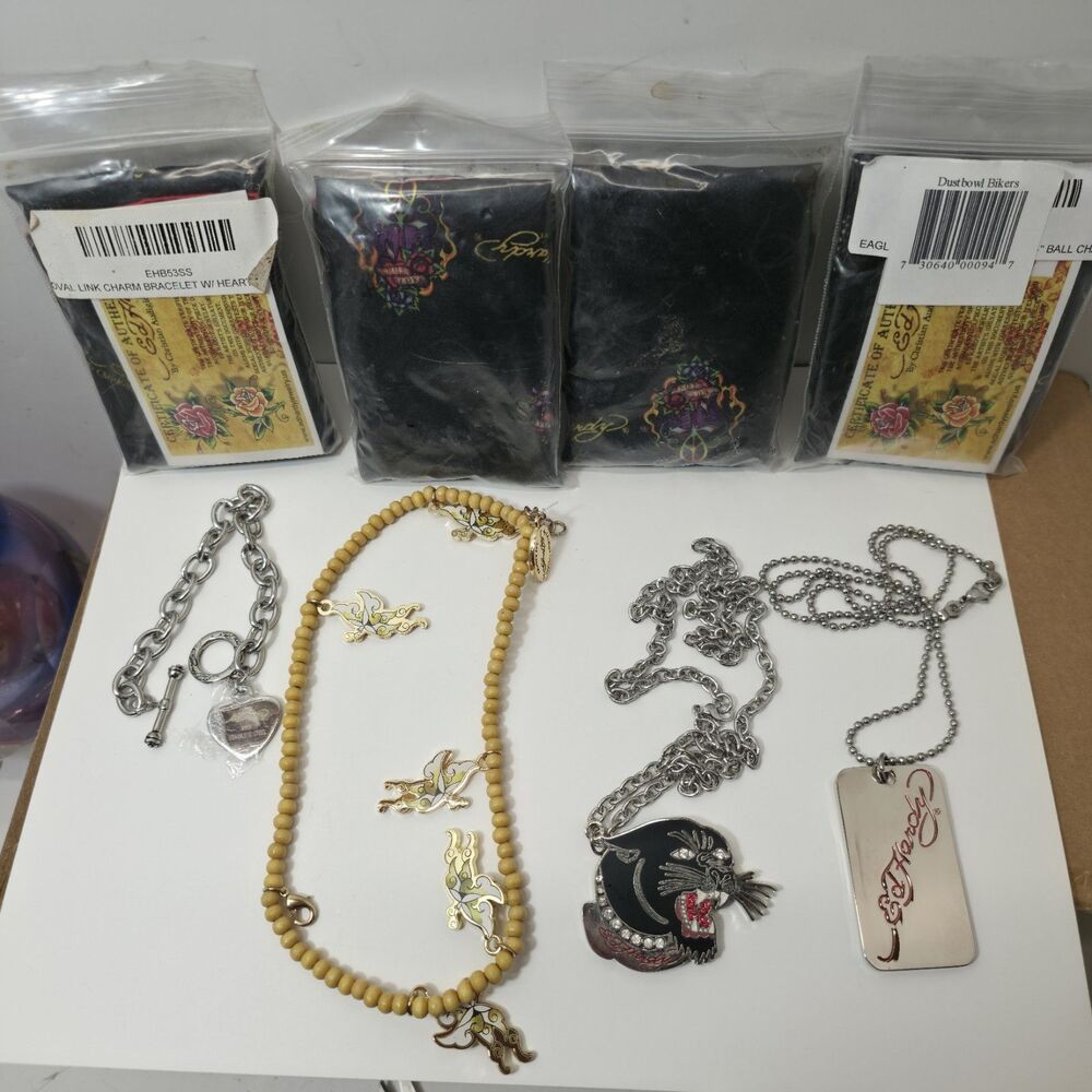 Lot of 4 Ed Hardy Necklaces & Bracelet Jewelry Tiger Dog Tag Heart Butterfly